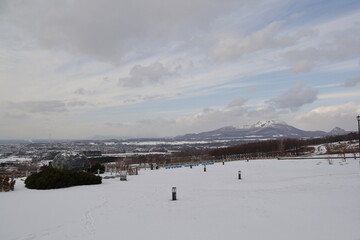 the beautiful white winter landscape in Hokkaido, Japan