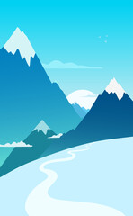 Snow mountains landscape scene. Mountain range. Snowcapped mountain ridge panorama. Winter background. A vector cartoon illustration. 