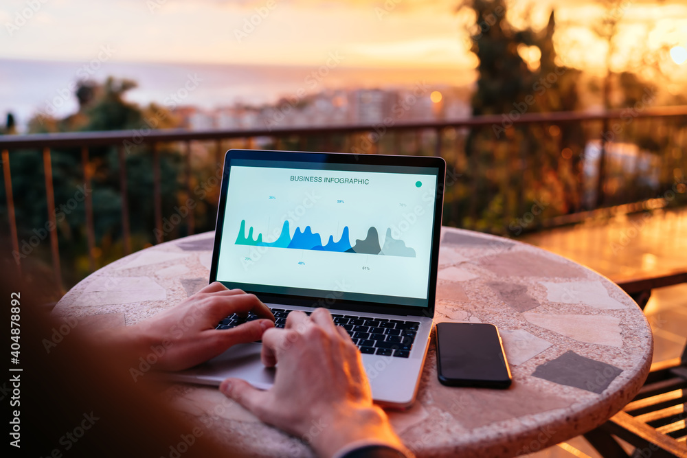 Aufkleber cropped image of male digital nomad working remotely with web statistics analyzing informative graph