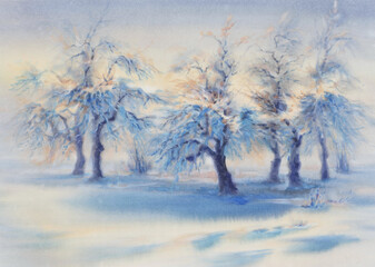 Winter landscape with frozen apple tree and snow in blue. Watercolor illustration