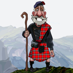 cartoon smiling gray haired Scottish highlander in a kilt with a staff in his hand stands high in the mountains - obrazy, fototapety, plakaty