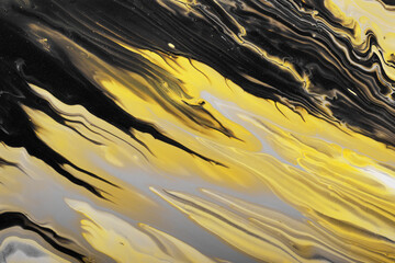 Graue, gelbe und schwarze Wellen fließen. Marmoreffekthintergrund oder -beschaffenheit. Flüssige Kunst