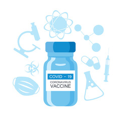 Covid 19 vaccine bottle and laboratory equipment icon set vector. Coronavirus vaccine icon isolated on a white background. COVID-19 vaccine blue bottle and science icon set vector