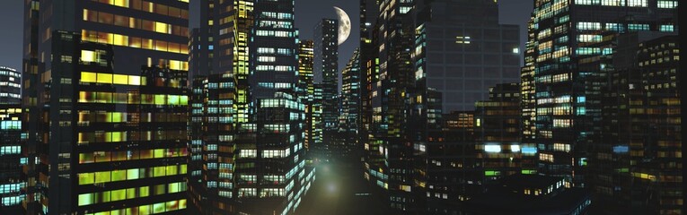Fototapeta na wymiar Night city, evening skyscrapers, city in the evening under the moon, high-rise buildings at night, 3D rendering