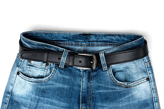 Jeans with black leather belt isolated on white background.