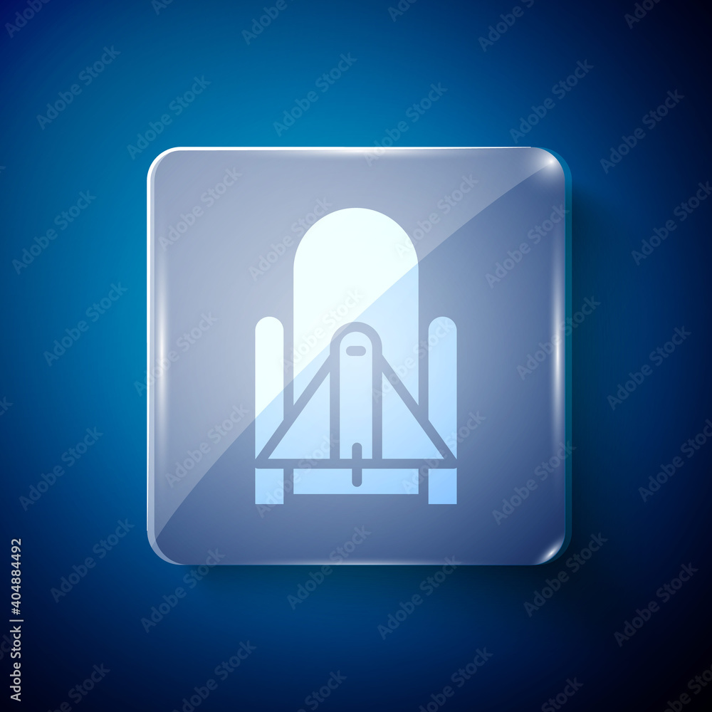 Poster white rocket launch from the spaceport icon isolated on blue background. launch rocket in space. squ