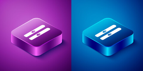 Isometric Ski and sticks icon isolated on blue and purple background. Extreme sport. Skiing equipment. Winter sports icon. Square button. Vector Illustration.