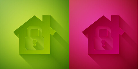 Paper cut House under protection icon isolated on green and pink background. Home and lock. Protection, safety, security, protect, defense concept. Paper art style. Vector Illustration.