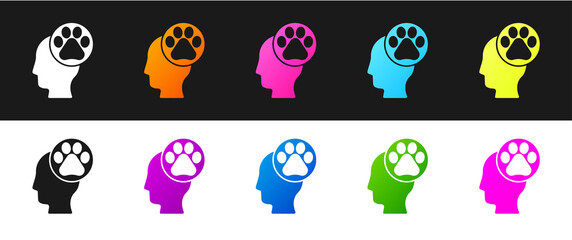 Set Human head with animals footprint icon isolated on black and white background. Pet paw in heart. Love to the animals. Vector.