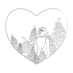 hand drawing illustration with heart, woman, plants (line art for st valentin's and bridal  cards, posters and message)