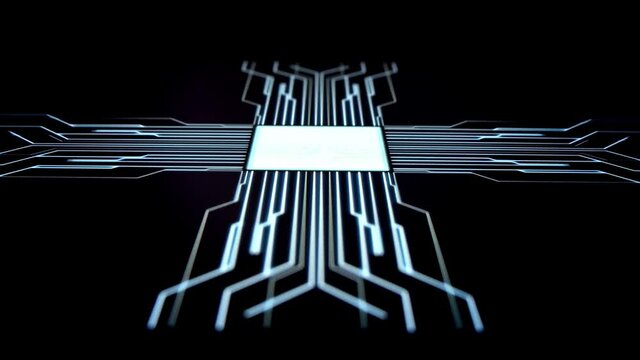 Human finger is pressing a digital button on a touchscreen. Futuristic microprocessor is starting the operation of the computer program. Machine learning and artificial intelligence concept.