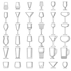 Set of vector icons in outline style. 36 glass for drinks, alcohol, water, juices, cocktail. For the design of a bar, cafe, restaurant. Isolated on white.