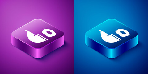 Isometric Smoking pipe with smoke icon isolated on blue and purple background. Tobacco pipe. Square button. Vector.