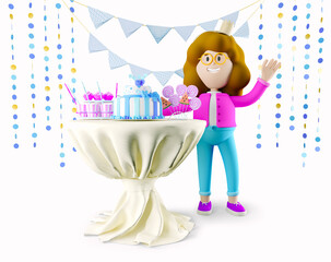 Girl Susie celebrates her birthday and waits for guests. 3d rendering. 3d illustration. 3d character
