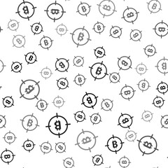 Black Bitcoin in the target icon isolated seamless pattern on white background. Investment target icon. Vector.