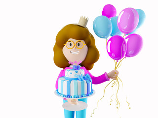 Girl Susie celebrates her birthday and waits for guests. 3d rendering. 3d illustration. 3d character