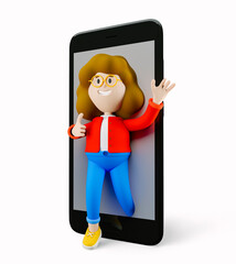 Girl Susie go out of the bib phone. Social media. 3d rendering. 3d illustration. 3d character
