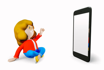 Girl Susie sits next to a large phone screen. Social media. 3d rendering. 3d illustration. 3d character