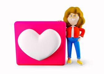 Girl Susie with heart emoji. Social media. 3d rendering. 3d illustration. 3d character