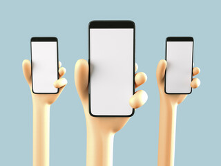 Phone in hand. Blank white screen on the phone. Mockup. 3d rendering. 3d illustration. 3d hand