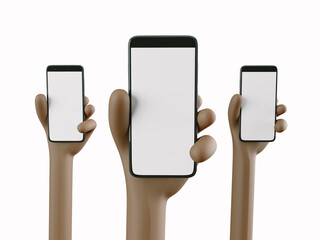 Phone in hand. Blank white screen on the phone. Mockup. 3d rendering. 3d illustration. 3d hand - 404888694