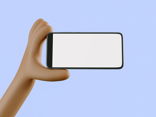Phone in hand. Blank white screen on the phone. Mockup. 3d rendering. 3d illustration. 3d hand