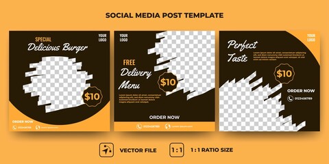 Set of Editable square banner design. Food social media post template. Black background with orange shape. Usable for social media, banner, and web internet ads. Flat design vector with photo collage