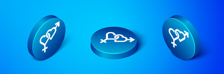 Isometric Gender icon isolated on blue background. Symbols of men and women. Sex symbol. Blue circle button. Vector.