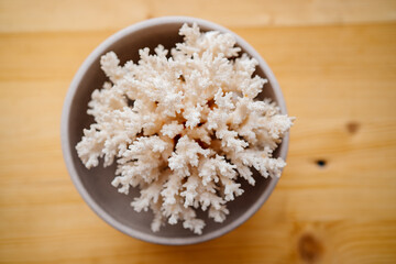 white coral in a cup on a wooden background. rare mineral from the bottom of the sea, which is a fossilized part of polyps. The jewelry with it is exquisite, but fragile. interior decor