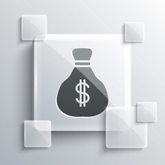 Grey Money bag icon isolated on grey background. Dollar or USD symbol. Cash Banking currency sign. Square glass panels. Vector.