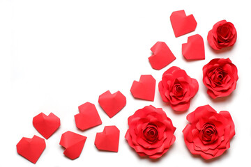 Fototapeta na wymiar Few handmade red paper roses and 3D hearts on white background. Love, Valentine's, mother's, women's day, relations, romantic, wedding template