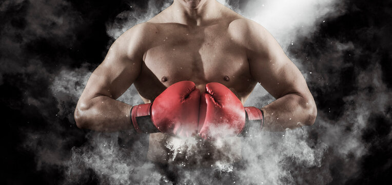 Boxer in red gloves. Sports banner