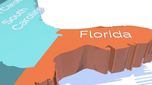 3d animation map showing the state of Florida from the united states of America. Map of Florida.