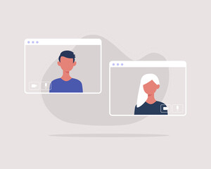 Video call, online meetup, social distancing. Two person having an online conference, discussing business from their home. Online job interview or studying  or teaching concept. Vector illustration