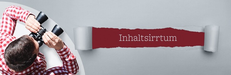 Inhaltsirrtum. Mann (Anwalt) bei Beobachtung mit Fernglas. Fokus auf Text/Wort in einem Papier Riss.