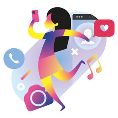 Girl using smartphone with heart of many social networks. Flat vector illustration for web sites and banners design - 404895227
