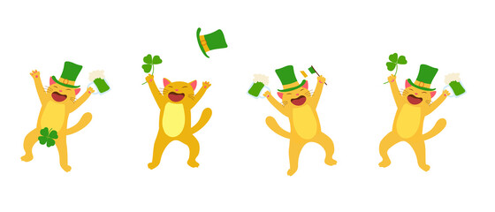 Cheerful ginger cat in leprechaun hat with mug of green beer and  clover for good luck. Dwarf vector for St. Patrick's Day party. Set vector illustration.