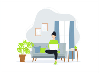 Young woman with a laptop sitting on the sofa working, isolated on the white background. Vector illustration