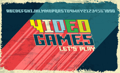 Video Games. Let's play. Vector alphabet letters font phrase in pixel art style with glitch VHS effect. 80's and 90's style. Retro vintage TV screen. Gamer panel basic platform easy editable poster. 