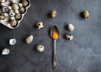 Composition of quail eggs in eco-friendly packaging with a spoon with the yolk. The view from the top.