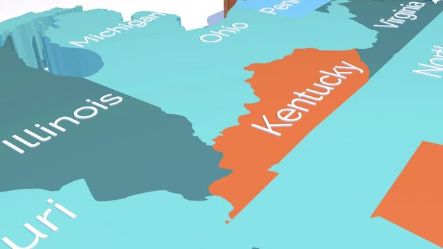 3d animation map showing the state of Kentucky from the united states of America. Map of Kentucky.