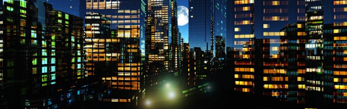 Night city, evening skyscrapers, city in the evening under the moon, high-rise buildings at night, 3D rendering