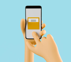 Phone in hand. Yellow envelope with message on phone screen. Social media. Mockup. 3d rendering. 3d illustration. 3d hand - 404897893