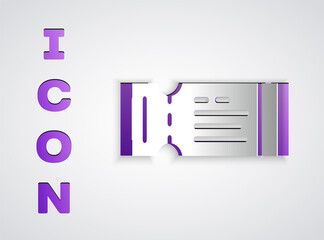 Paper cut Airline ticket icon isolated on grey background. Plane ticket. Paper art style. Vector.