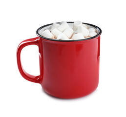 Hot drink with marshmallows in red cup isolated on white