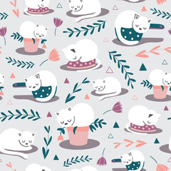 Cute vector repeat pattern with sleeping cats and plants