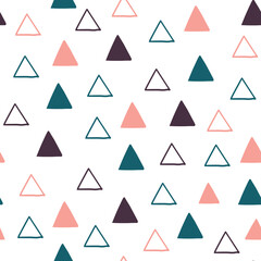 Simple vector repeat pattern with colorful hand drawn triangles on white background