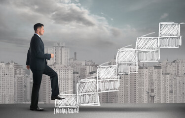 Businessman walking up stairs drawing with chalk and cityscape on background. Career ladder concept