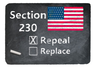 Concept of blackboard and chalk asking if Section 230 on internet companies should be repealed or replaced - obrazy, fototapety, plakaty