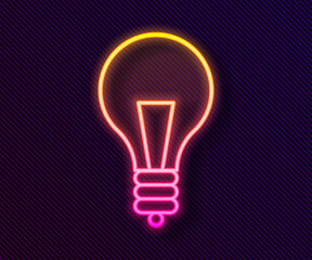 Glowing neon line Light bulb with concept of idea icon isolated on black background. Energy and idea symbol. Inspiration concept. Vector Illustration.